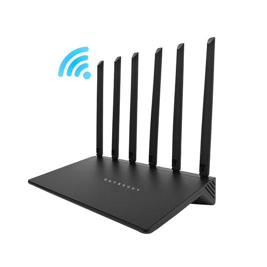 Black Venloria WiFi Router with multiple antennas on a white background