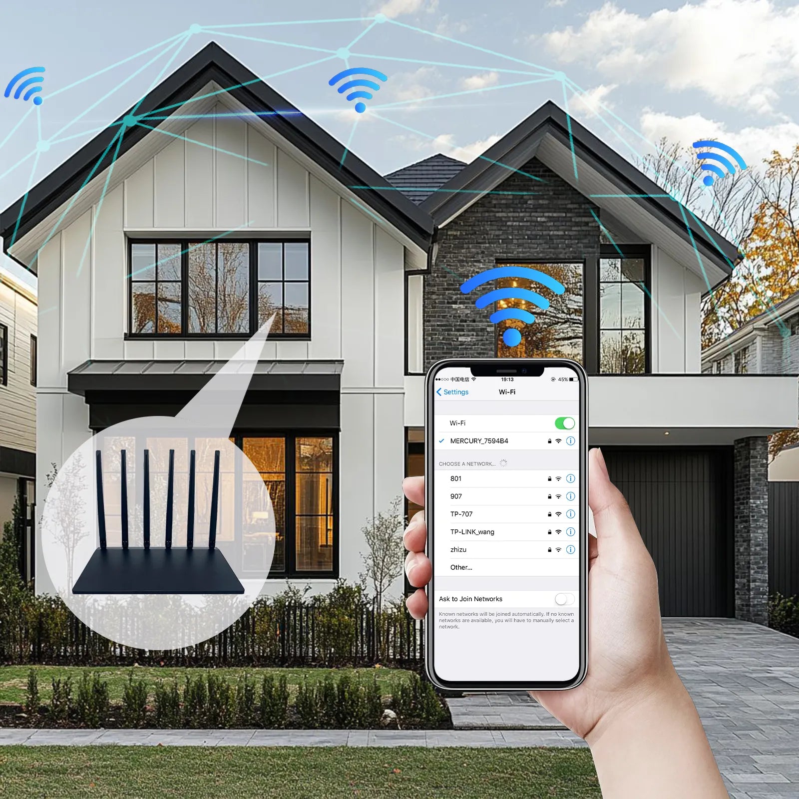 Smart home control with smartphone app displayed, house in the background
