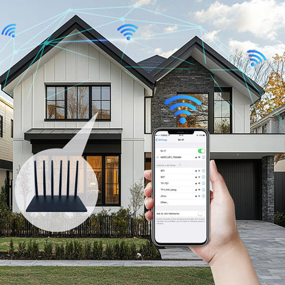 Smart home control with smartphone app displayed, house in the background