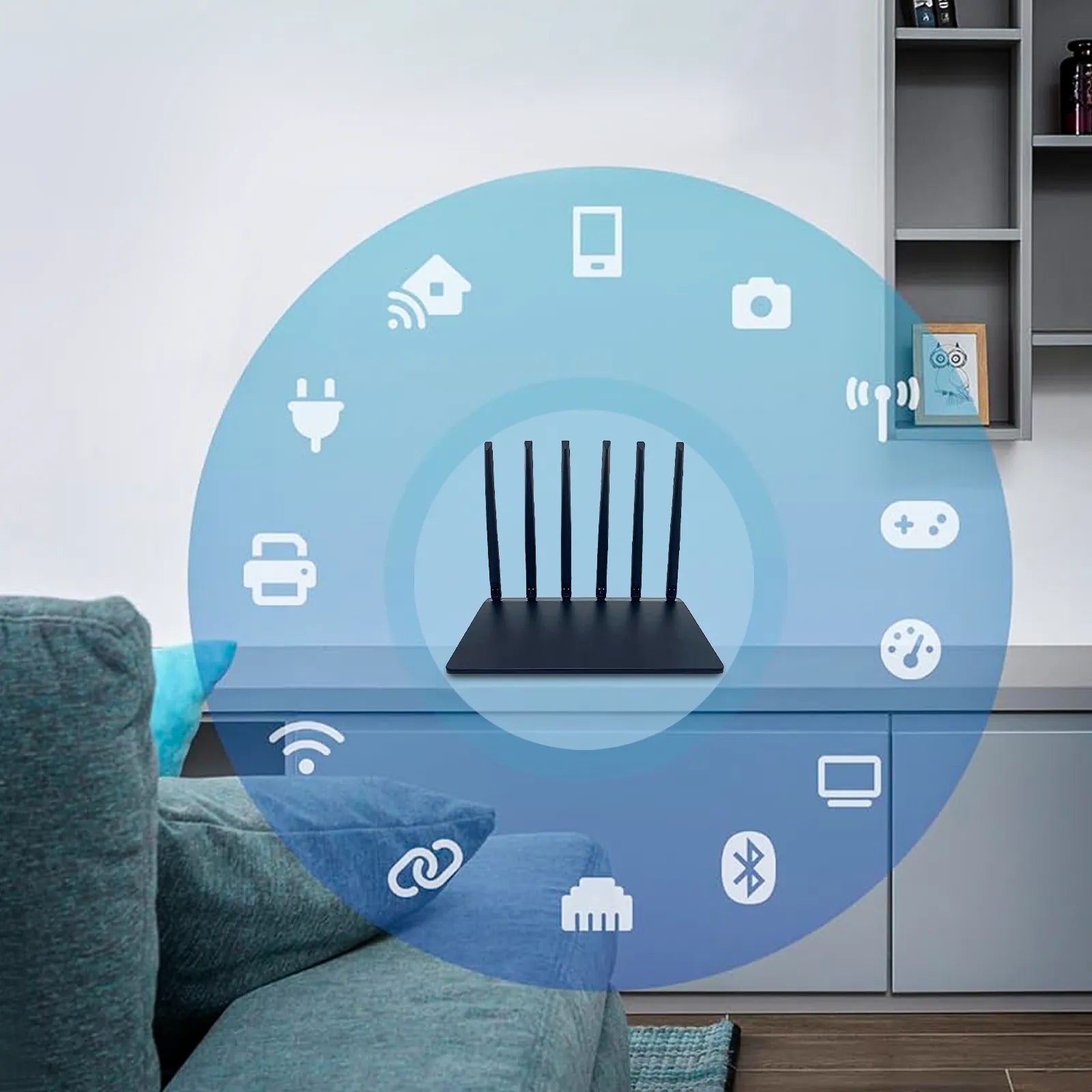 Venloria WiFi Router with connectivity icons in a living room setting