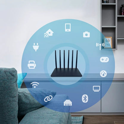 Venloria WiFi Router with connectivity icons in a living room setting