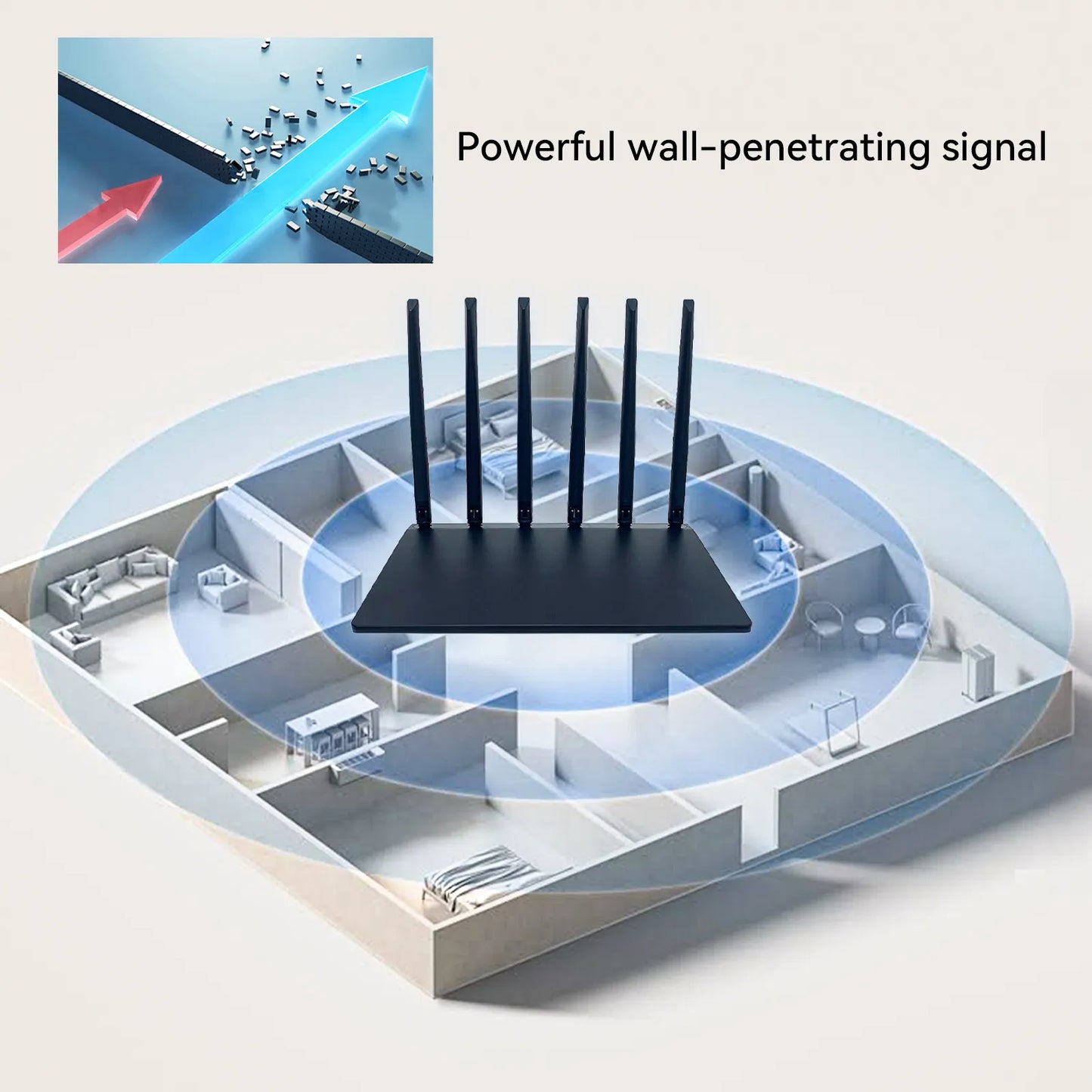 Diagram of a Venloria WiFi Router with antennas and text 'Powerful wall-penetrating signal' on a light gray background.