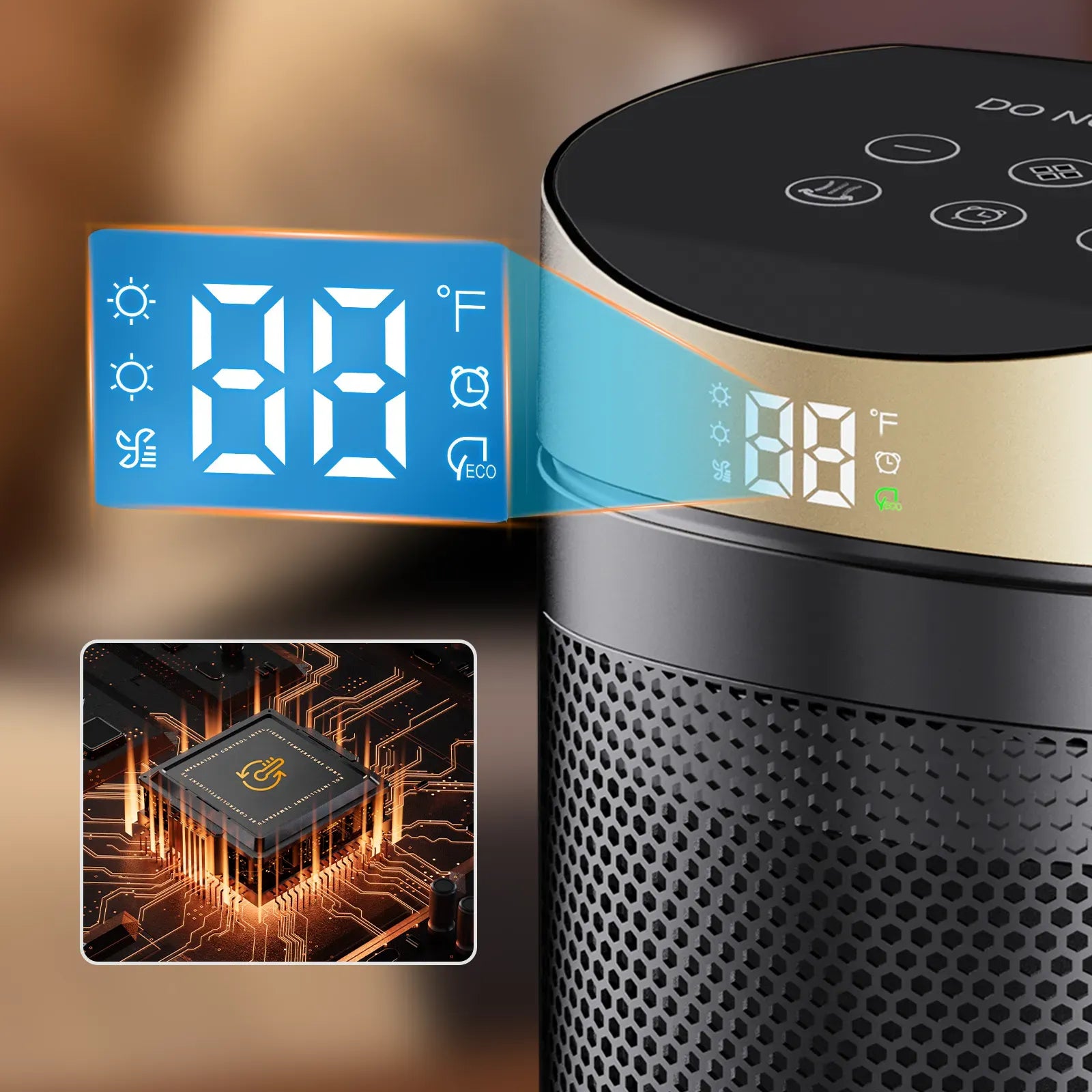 Smart Virelta Space Heater control panel with digital display and detailed view of a chip.