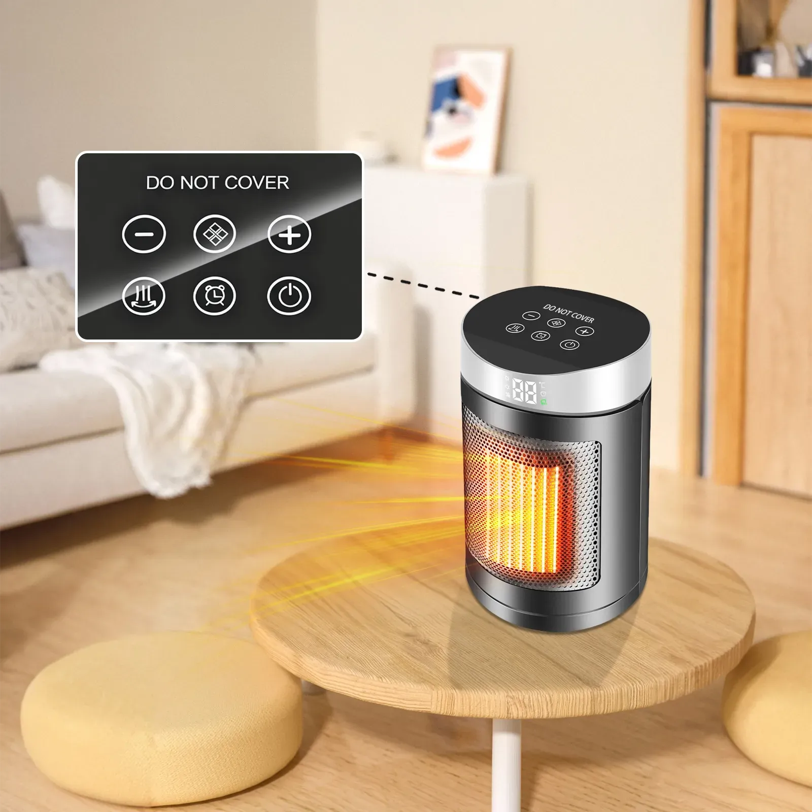 Portable Virelta Space Heater on a wooden table with control panel details in a room setting.