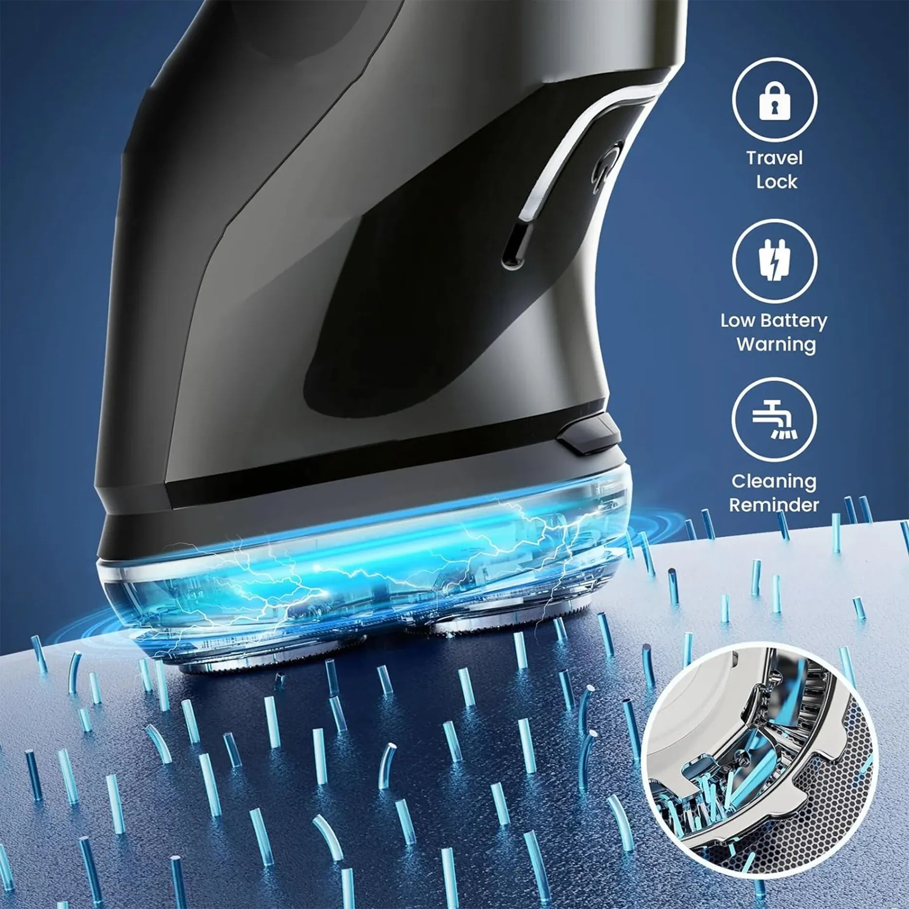 Black Bytech Electric Shaver with blue light on a blue background, featuring icons for travel lock, low battery warning, and cleaning reminder.