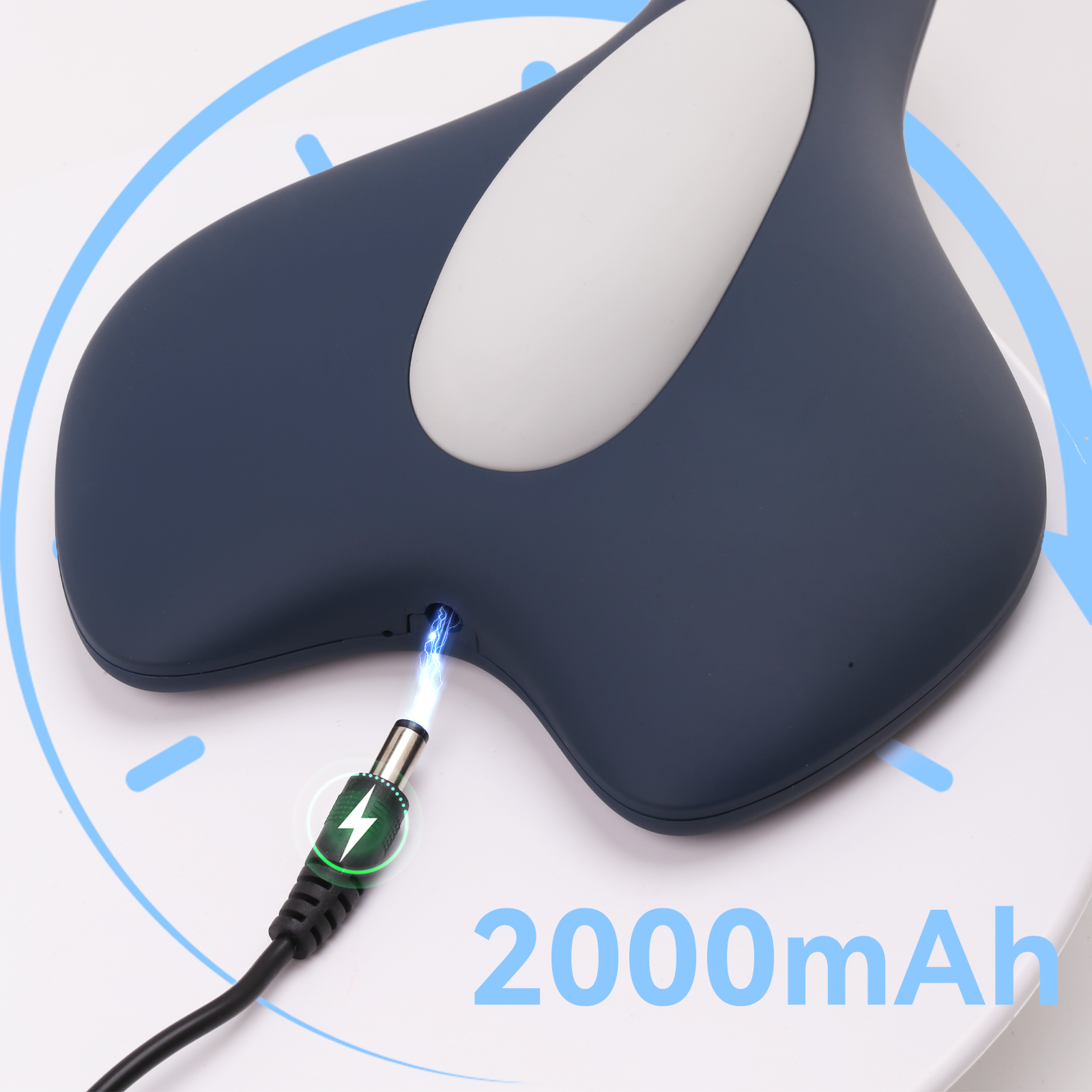 Black and gray eye mask with charging cable and '2000mAh' text on a white background
