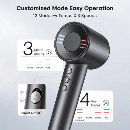Black Bytech Negative Ion Hair Dryer customizable mode settings on a light gray background
