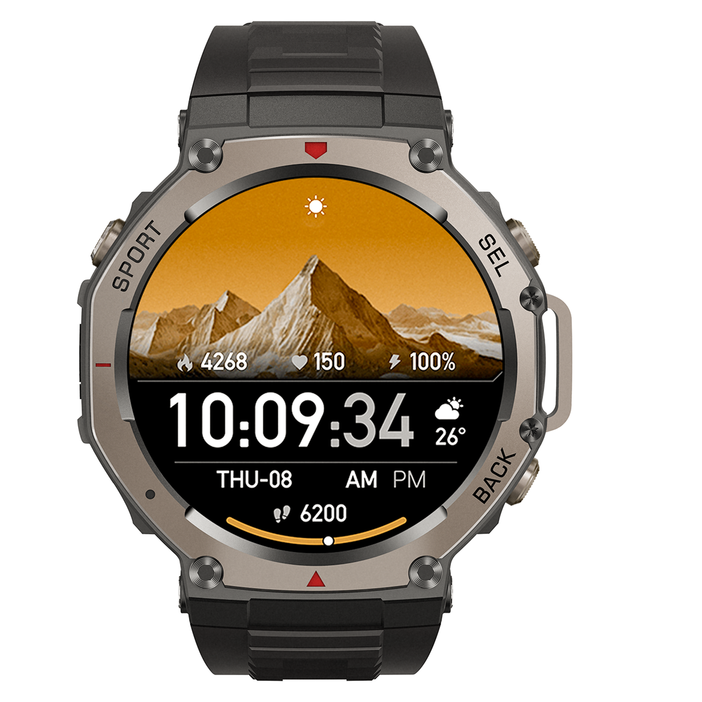 Lumivo GPS Smartwatch with mountain display on a white background