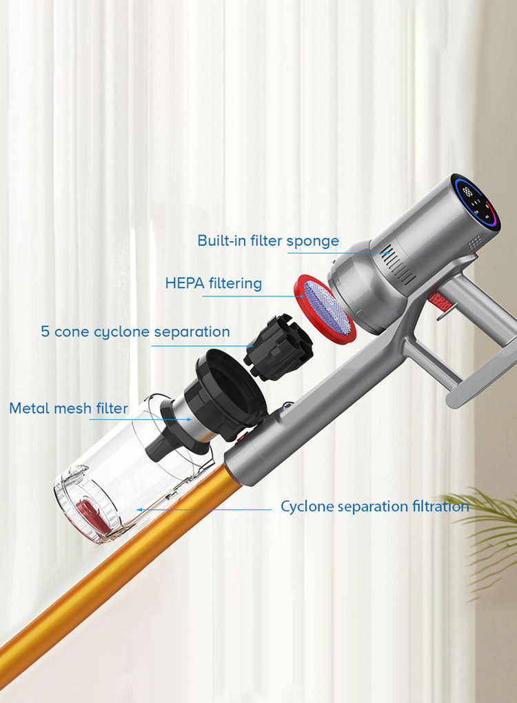 Stylized illustration of a Bytech Cordless Vacuum Cleaner with labeled filtration components on a white background.