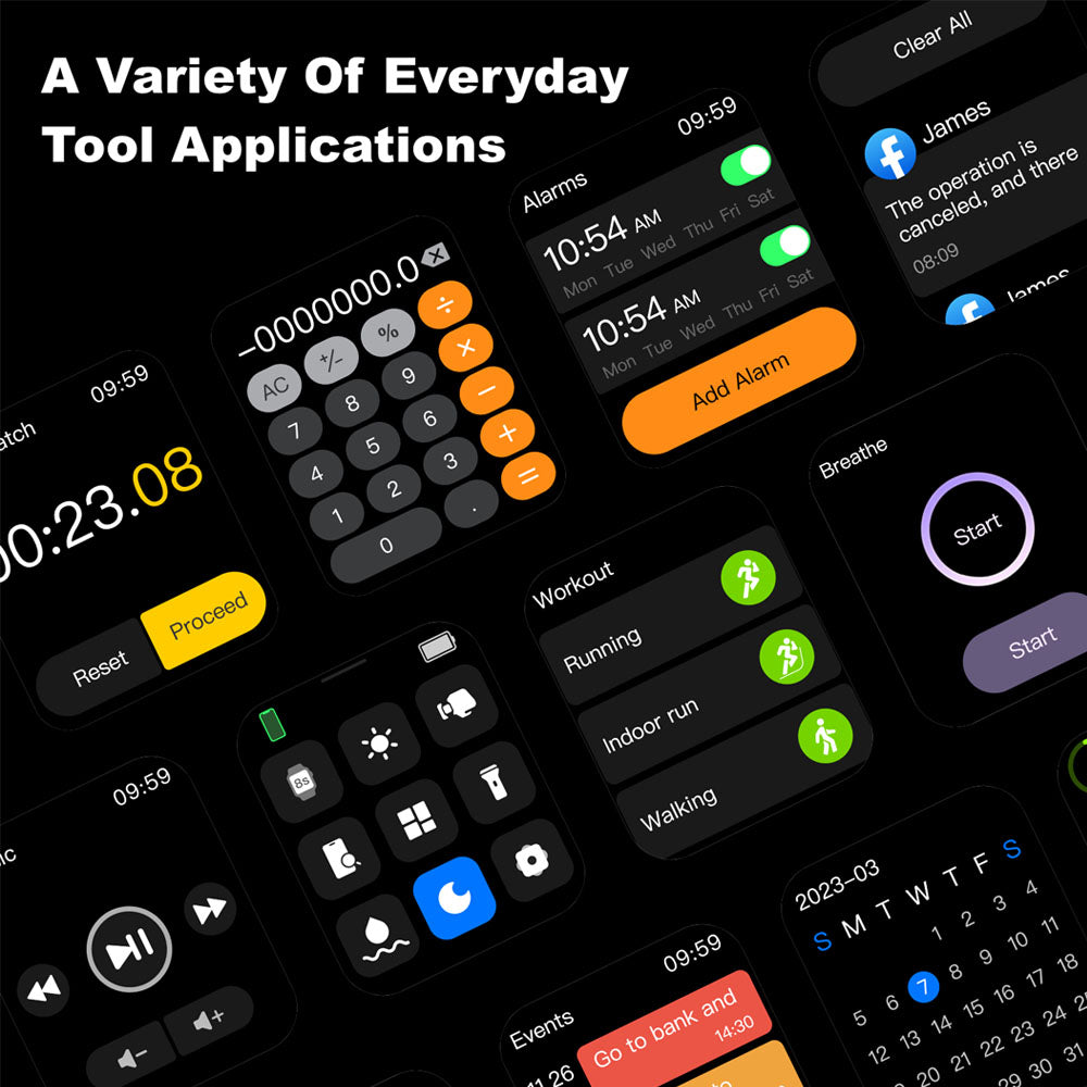 bytechlabs interface with various applications including calculator, alarm clock, and fitness tracker on a dark background.