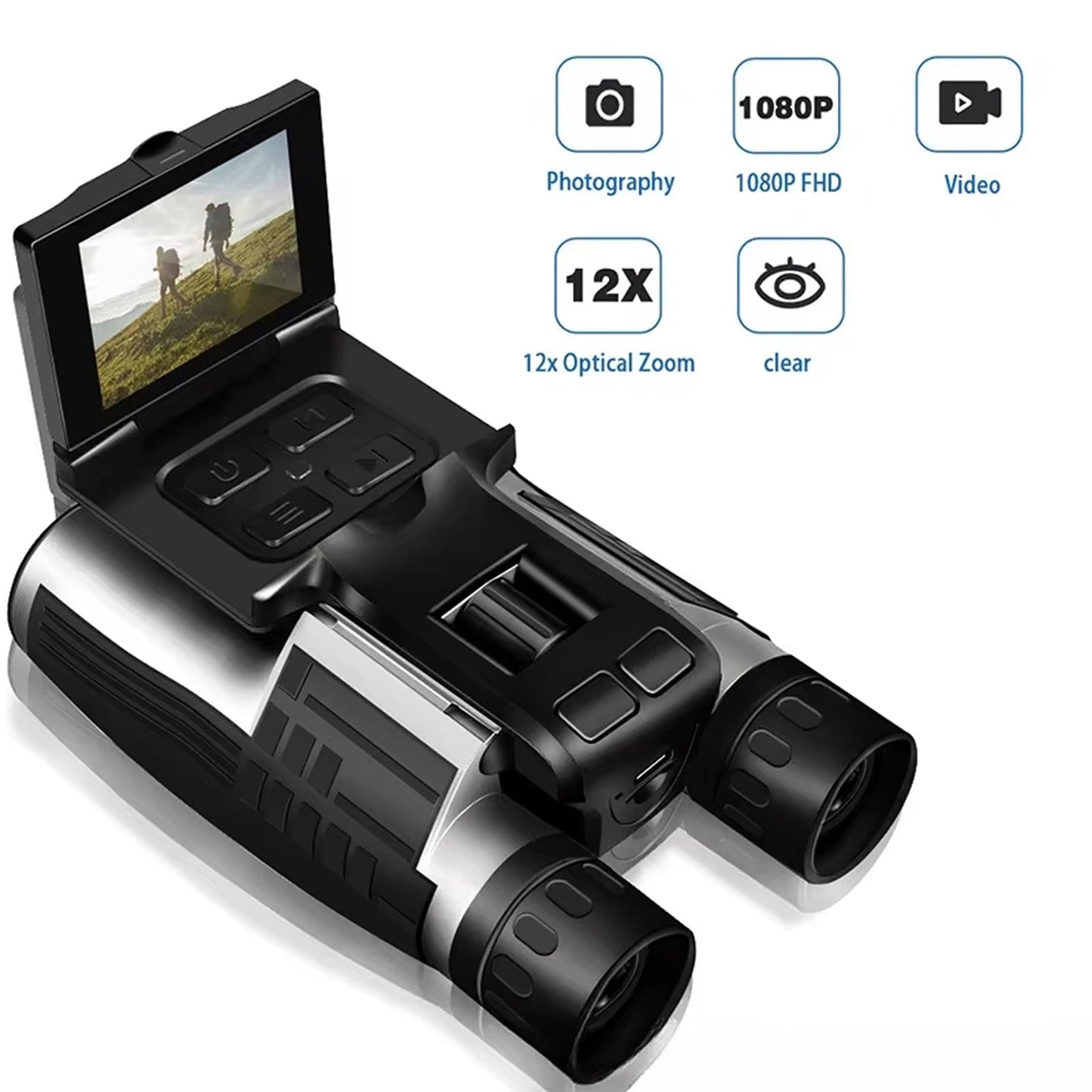Digital ClaroVis Binoculars with a screen displaying a landscape, featuring 1080P FHD and 12x optical zoom capabilities.