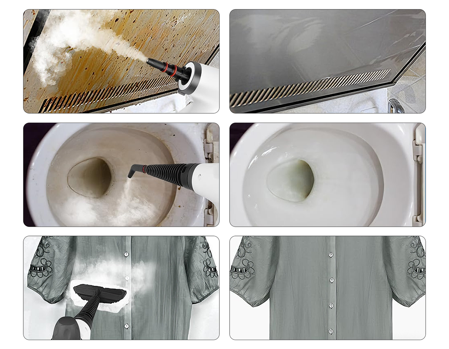 Collage of a Stonnic Steam Cleaner tool being used on various surfaces including a drain, shower head, and toilet.