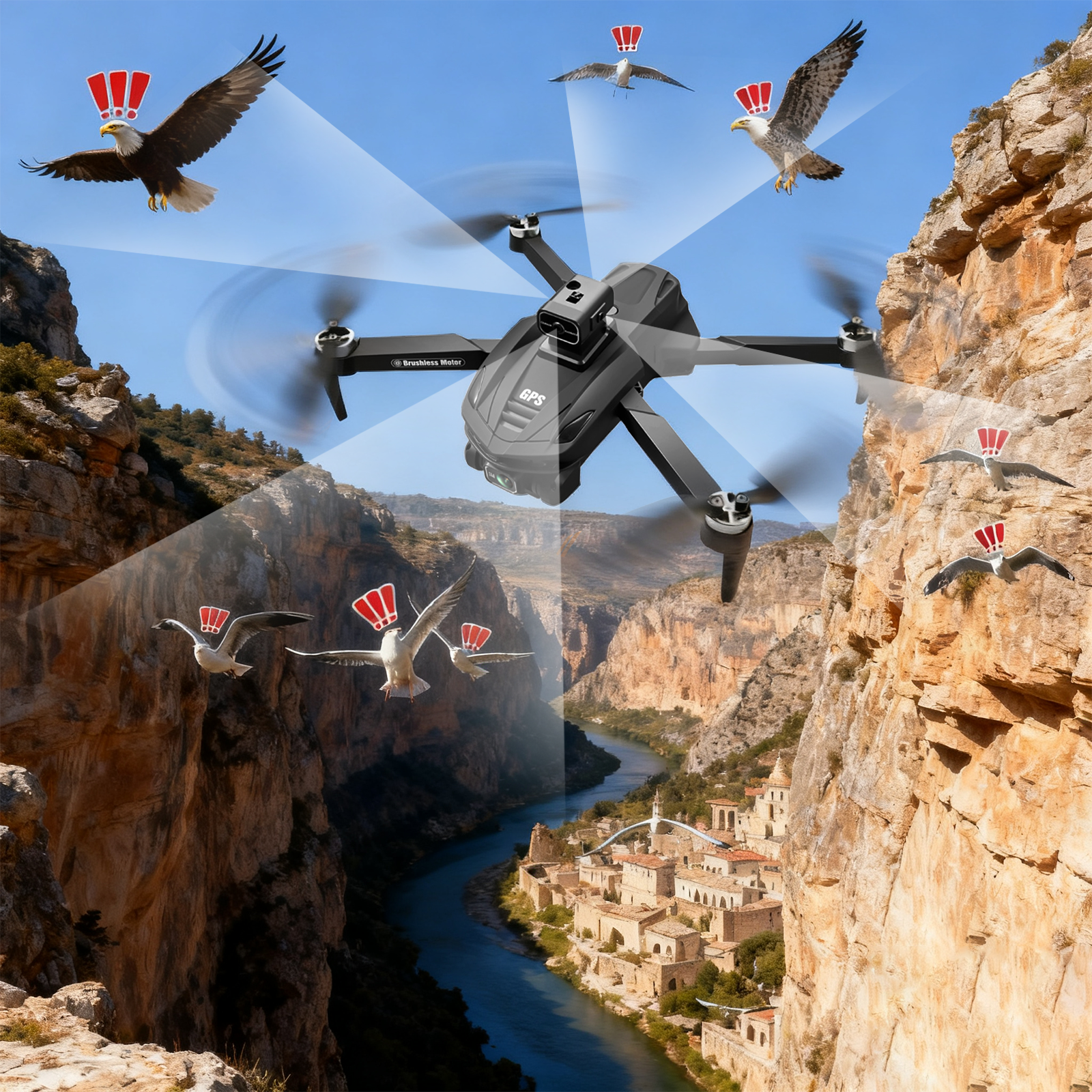 Calthic GPS Drone With Camera flying over a scenic landscape with cliffs and a river, with eagles and birds added for effect.
