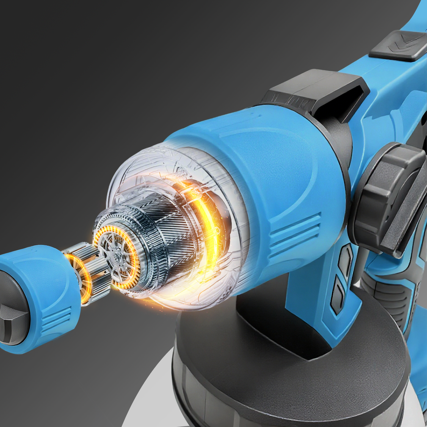 Close-up of a Calthic Cordless Paint Sprayer with a transparent design showing the internal components.
