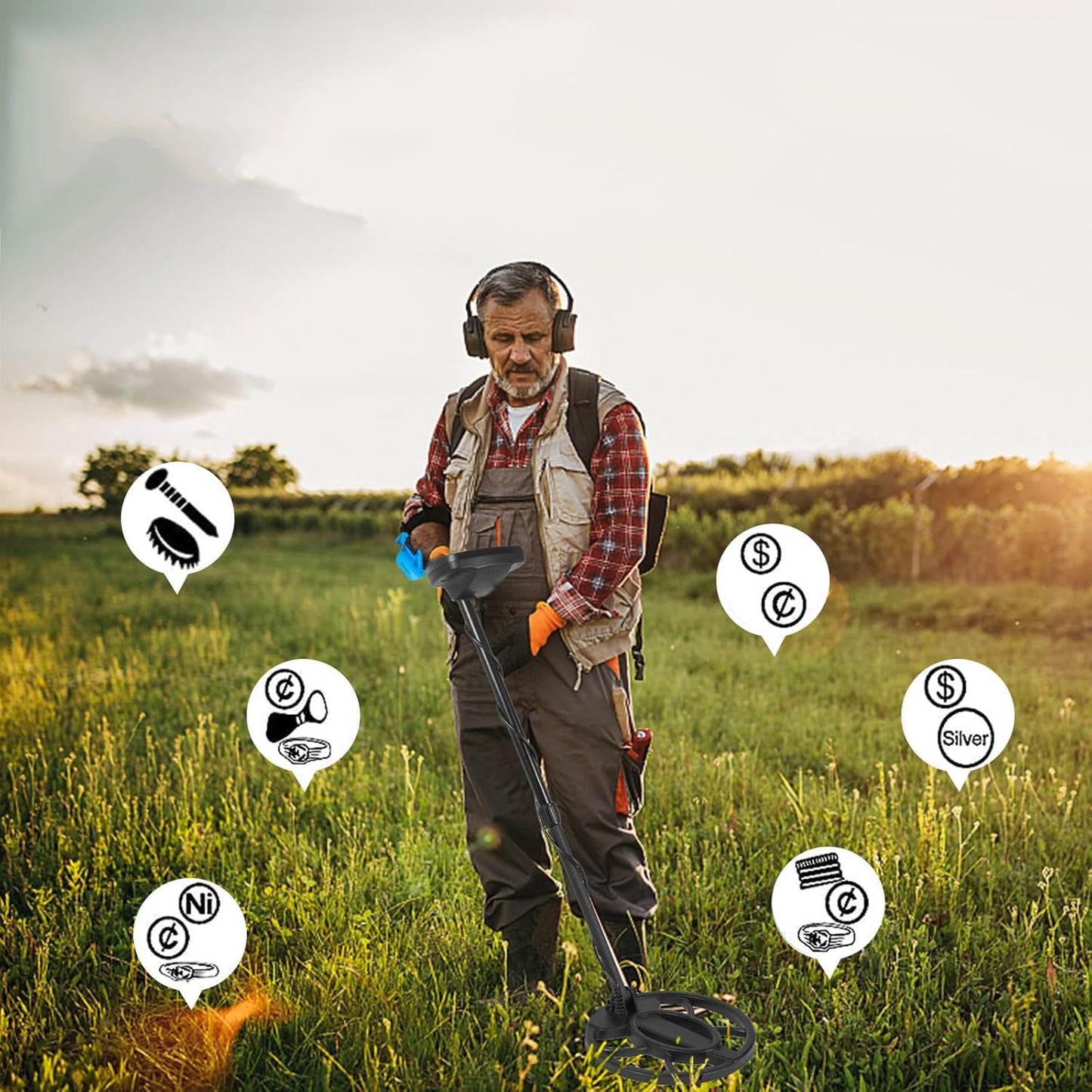 Man with Bytech Metal Detector in a field with icons around him