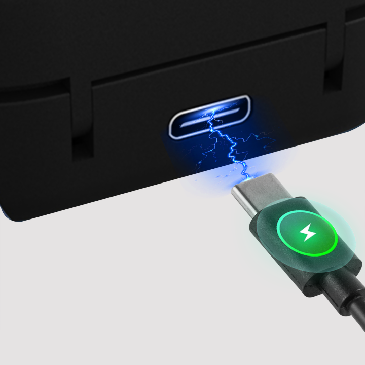 USB-C cable with green light icon being plugged into a black device with lightning symbol.