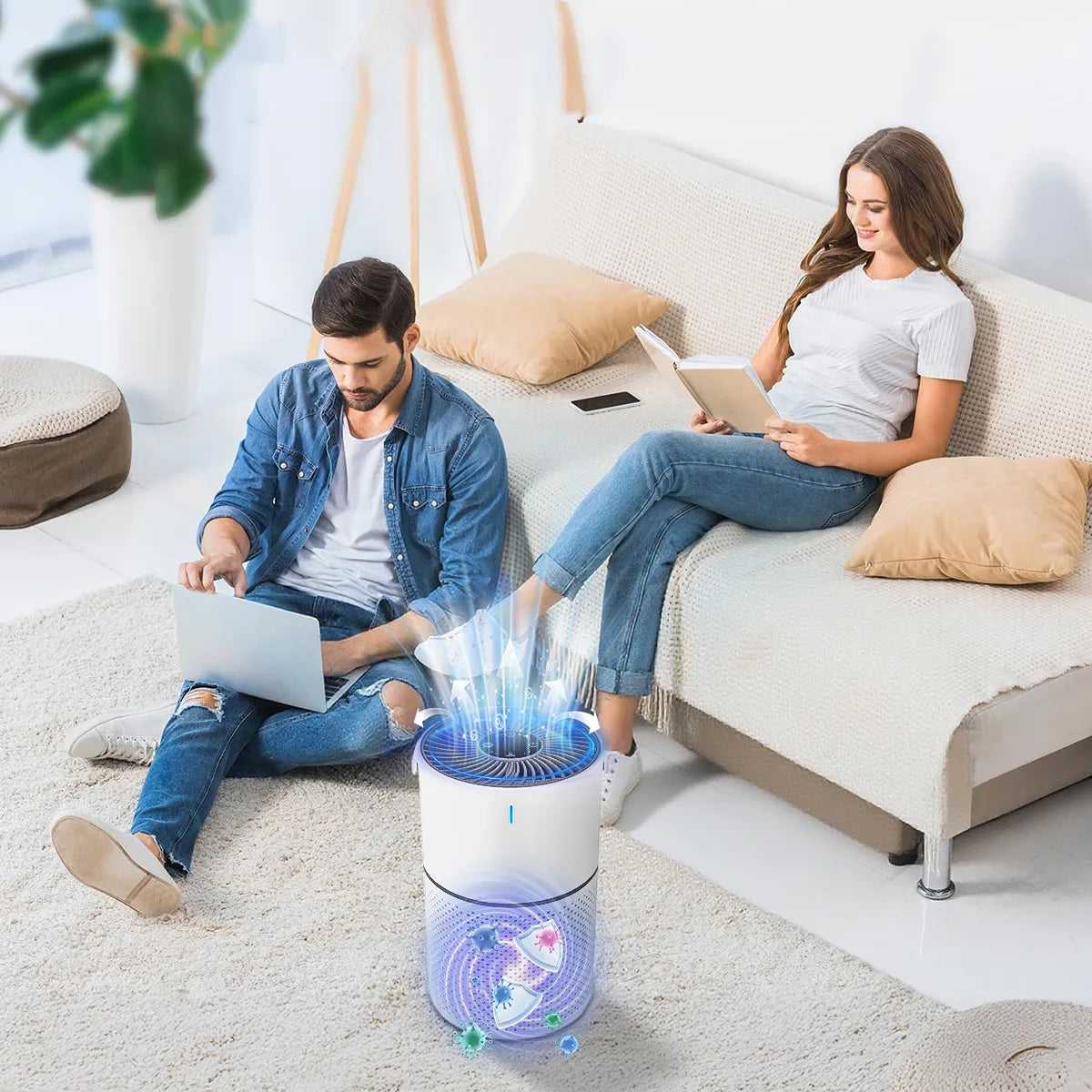 A cylindrical Sekoda Air Purifier with glowing blue airflow graphics is shown on a light rug in a bright living room, with a man using a laptop on the floor and a woman sitting on a sofa reading in the background.