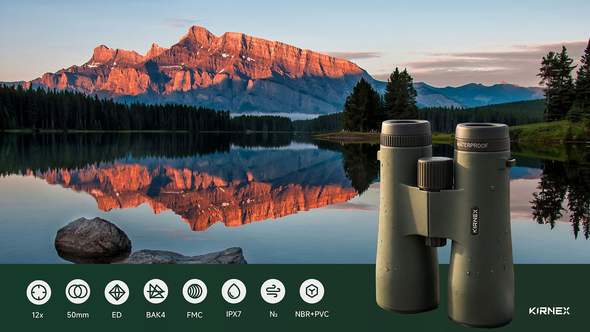 Kirnex 12x50 ED Binoculars banner: see further, discover more for wildlife and bird-watching