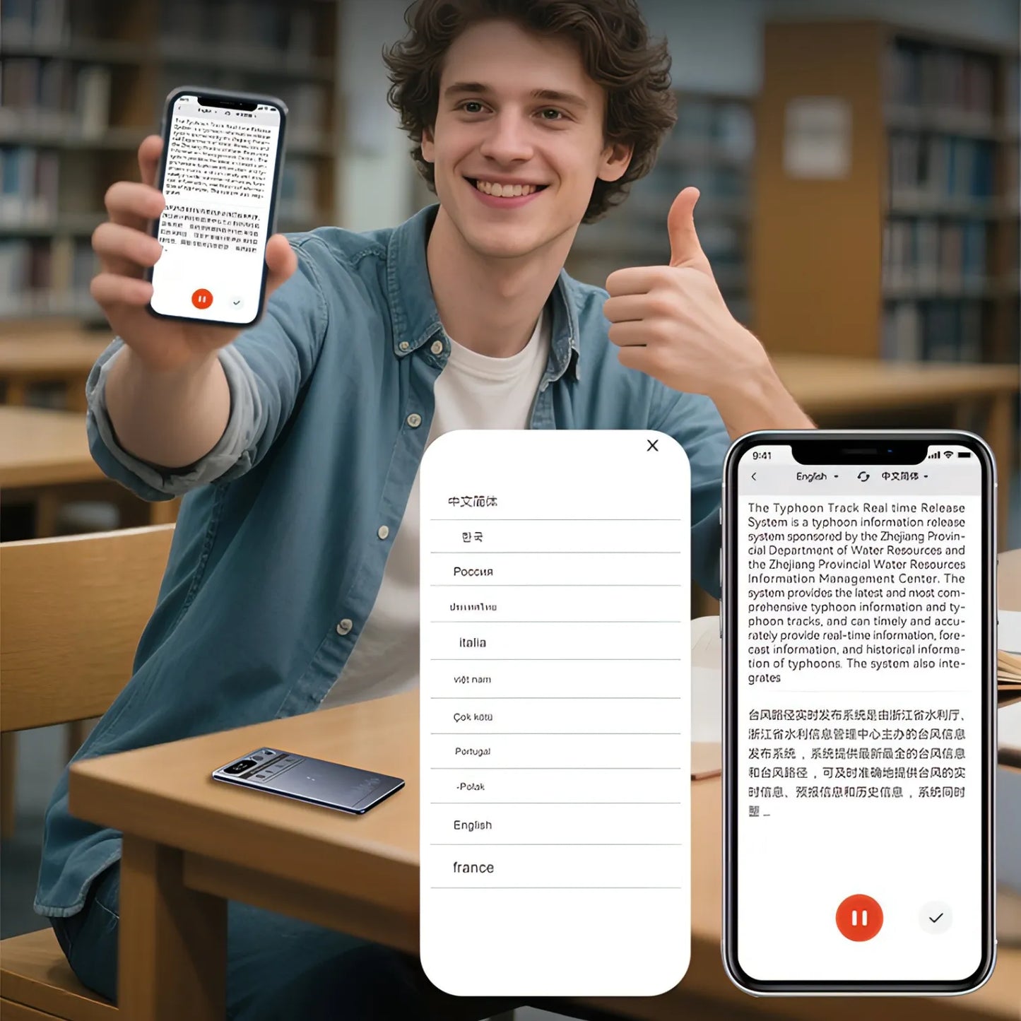 Person holding a smartphone with a Bytech Voice Recorder app in a library setting