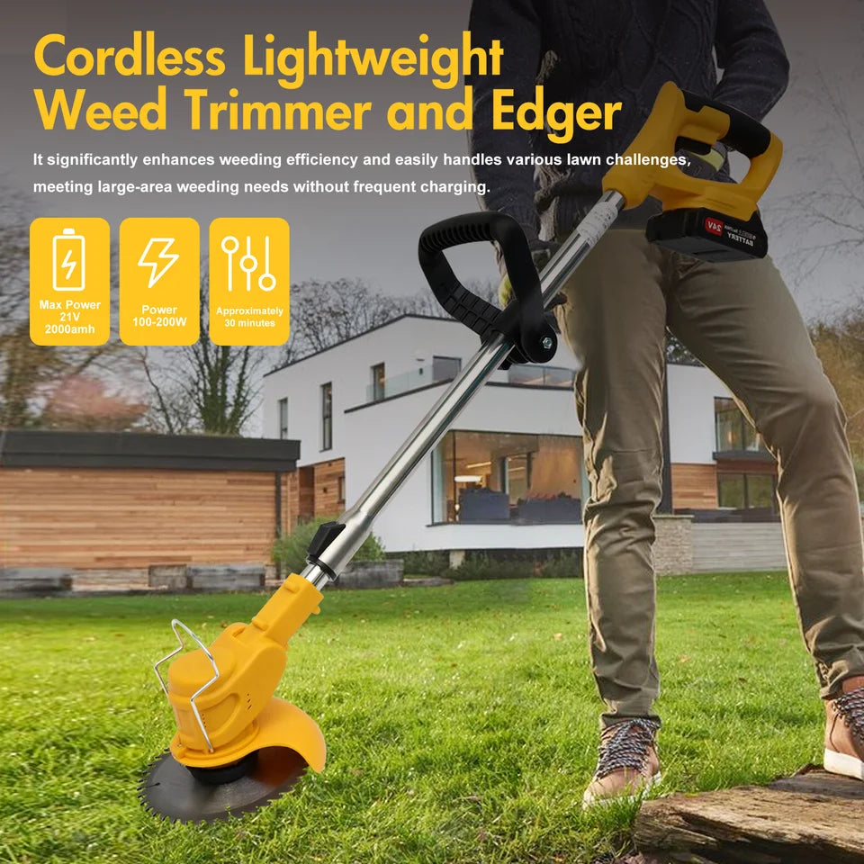Person using a Bytech Cordless Weed Eater lightweight weed trimmer and edger in a garden setting.