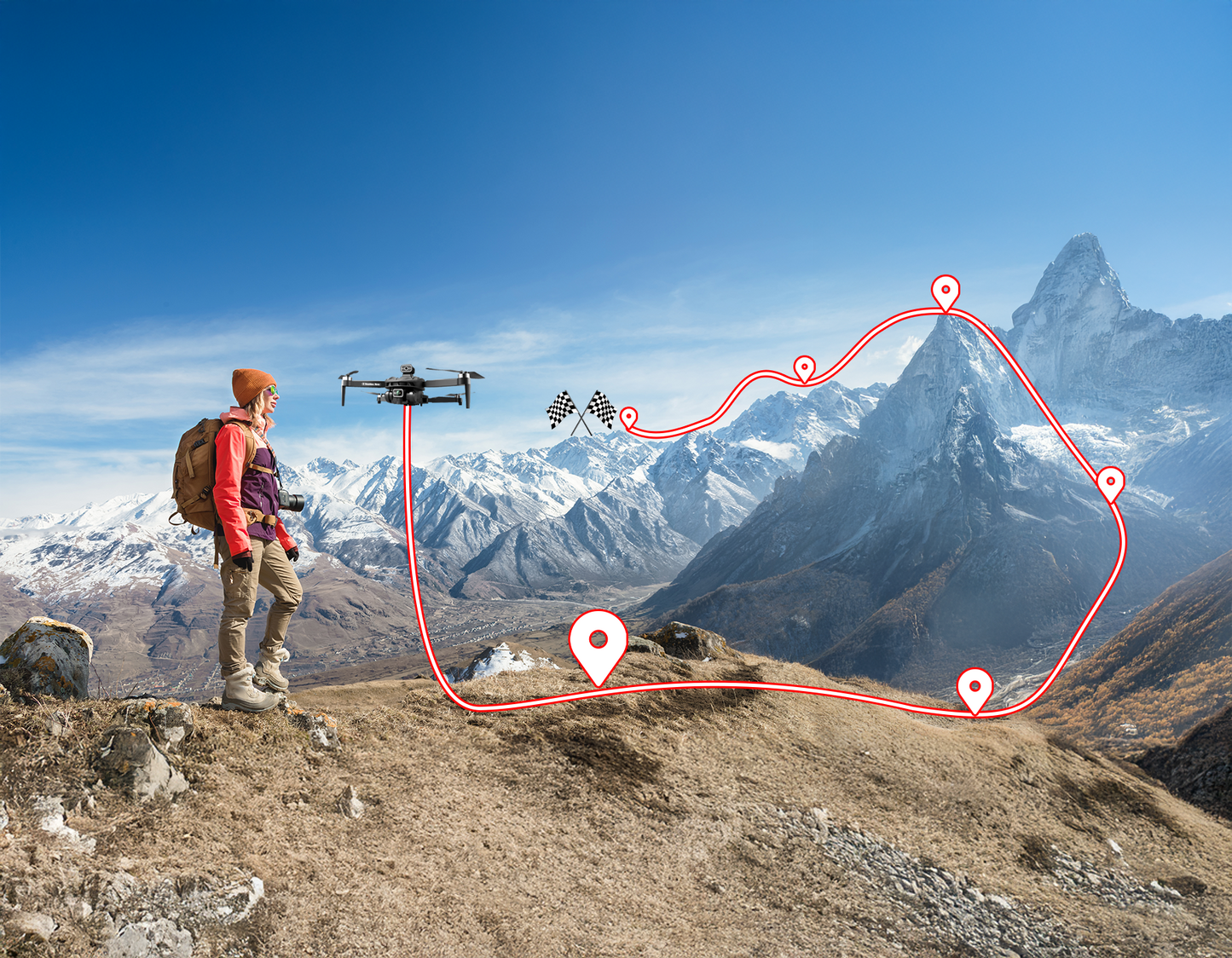 Person with a Calthic GPS Drone Camera on a mountain top with a route marked on a clear day