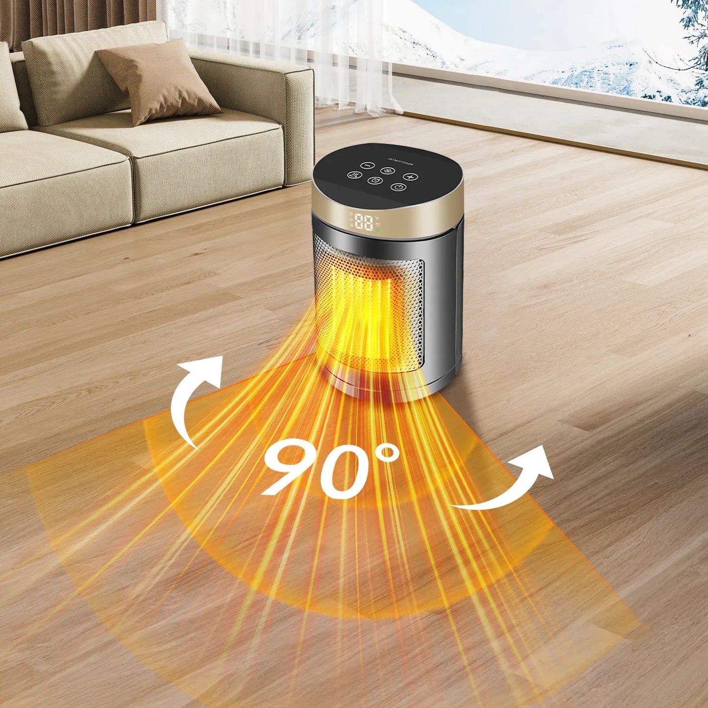 Portable Virelta Space Heater emitting heat in a living room setting with a sofa and window.