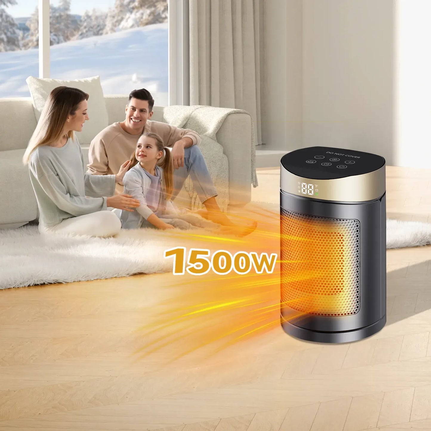 Family in a living room with a 1500W portable heater emitting heat.