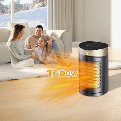 Family in a living room with a 1500W portable heater emitting heat.