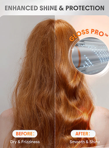 Comparison of dry and frizzy hair before and smooth and shiny hair after using Bytech Automatic Hair Curler, with close-up of hair texture.
