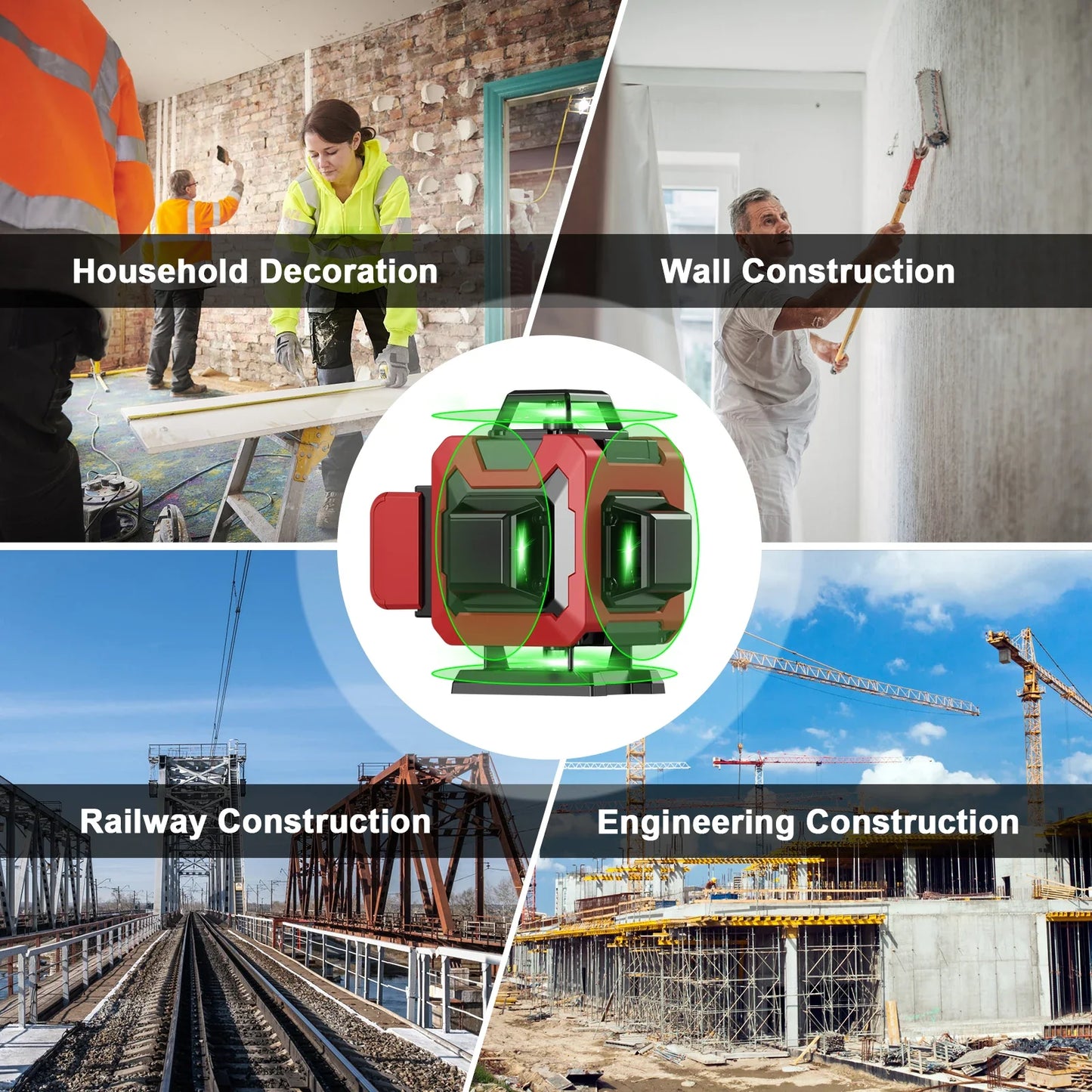 Collage of construction and renovation scenes with a Bytech Laser Level in the center.