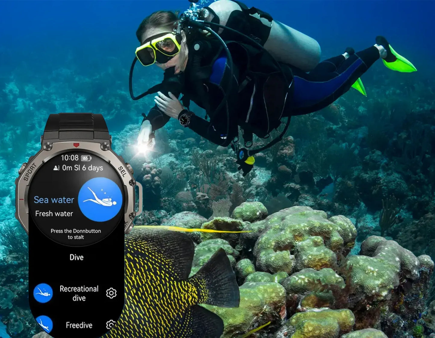 Scuba diver underwater with a Lumivo GPS Smartwatch displaying dive information