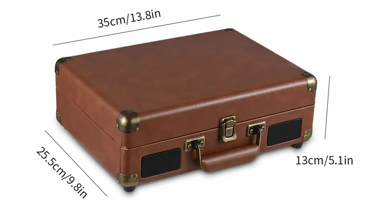 Brown Auryvox Heritage VT-80 Portable Turntable with dimensions indicated on a white background