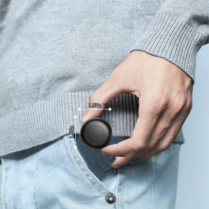 Hand holding a small black device next to a person's pocket with text indicating it is small and convenient.