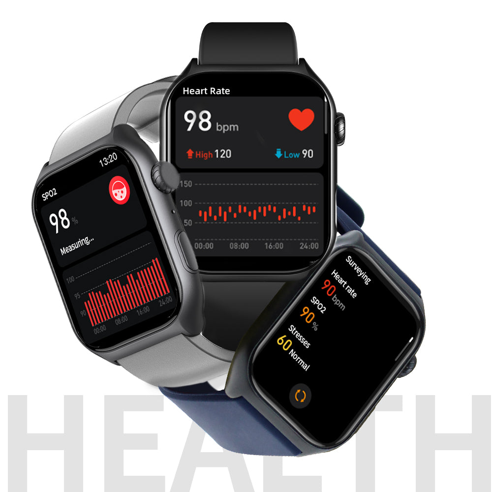 Three Bytech Smartwatch displaying health monitoring features on a white background.