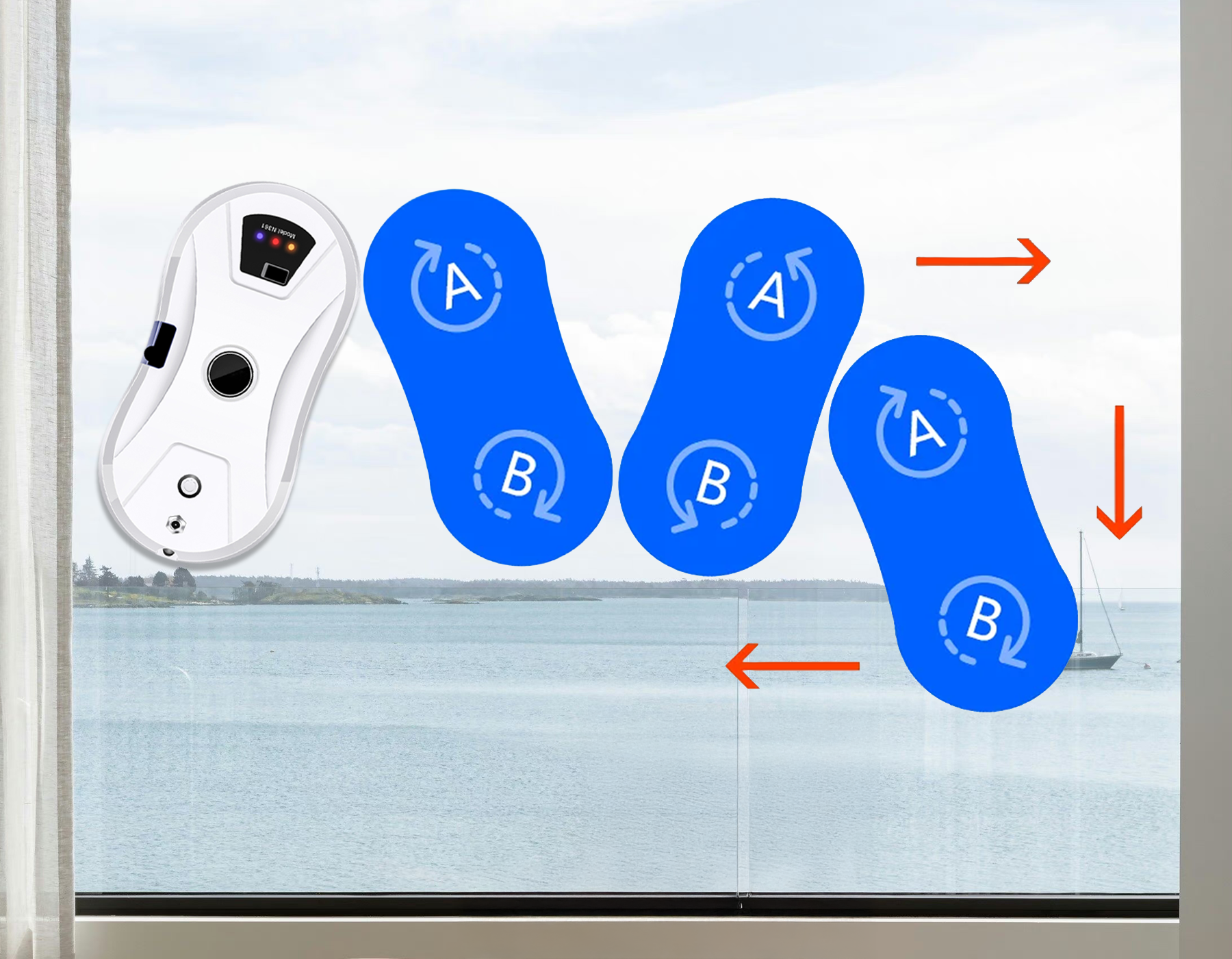 Valisus Window Cleaning Robot with blue footprints and a control panel on a window, showing a view of water and sky.