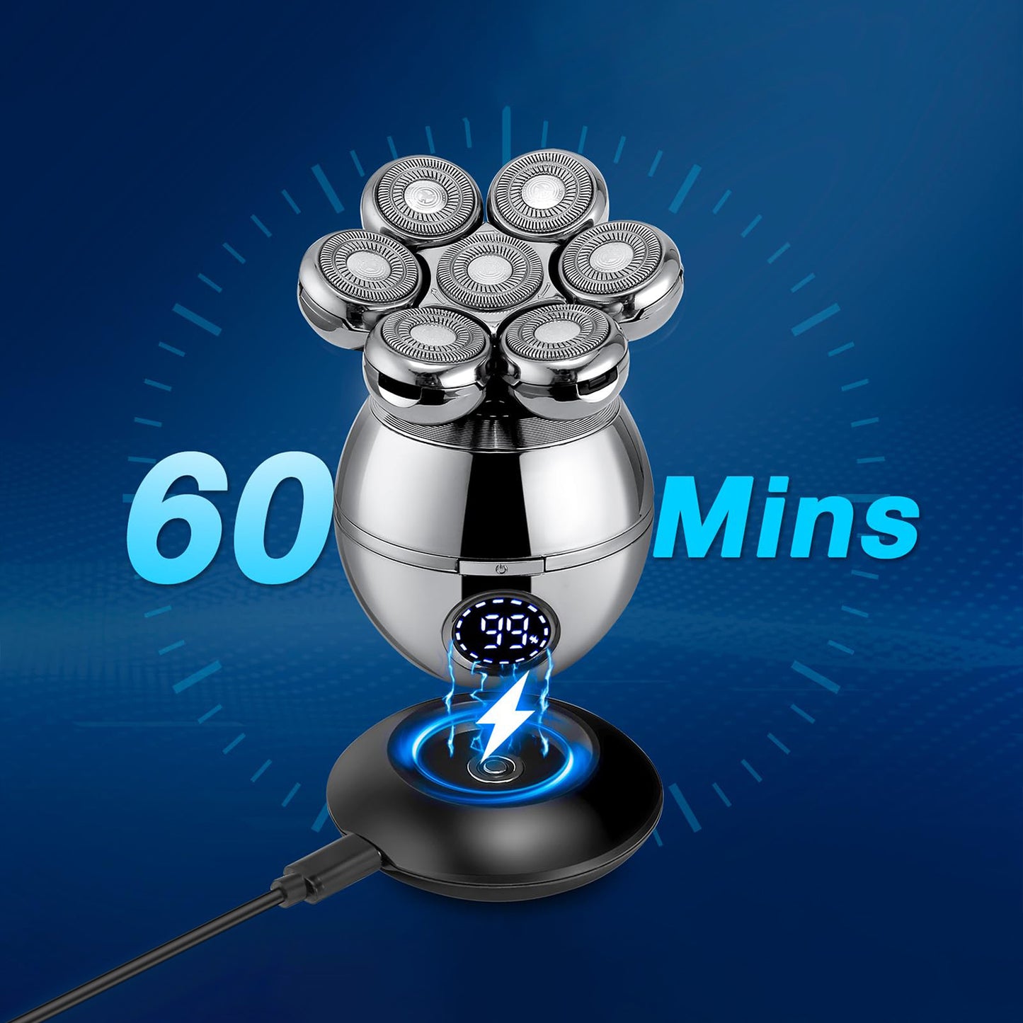 Vassco shaver with charging base and '60 Mins' text on a blue background