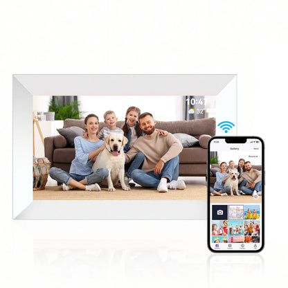 Calthic Digital Photo Frame displaying a family with a dog, connected to a smartphone app.