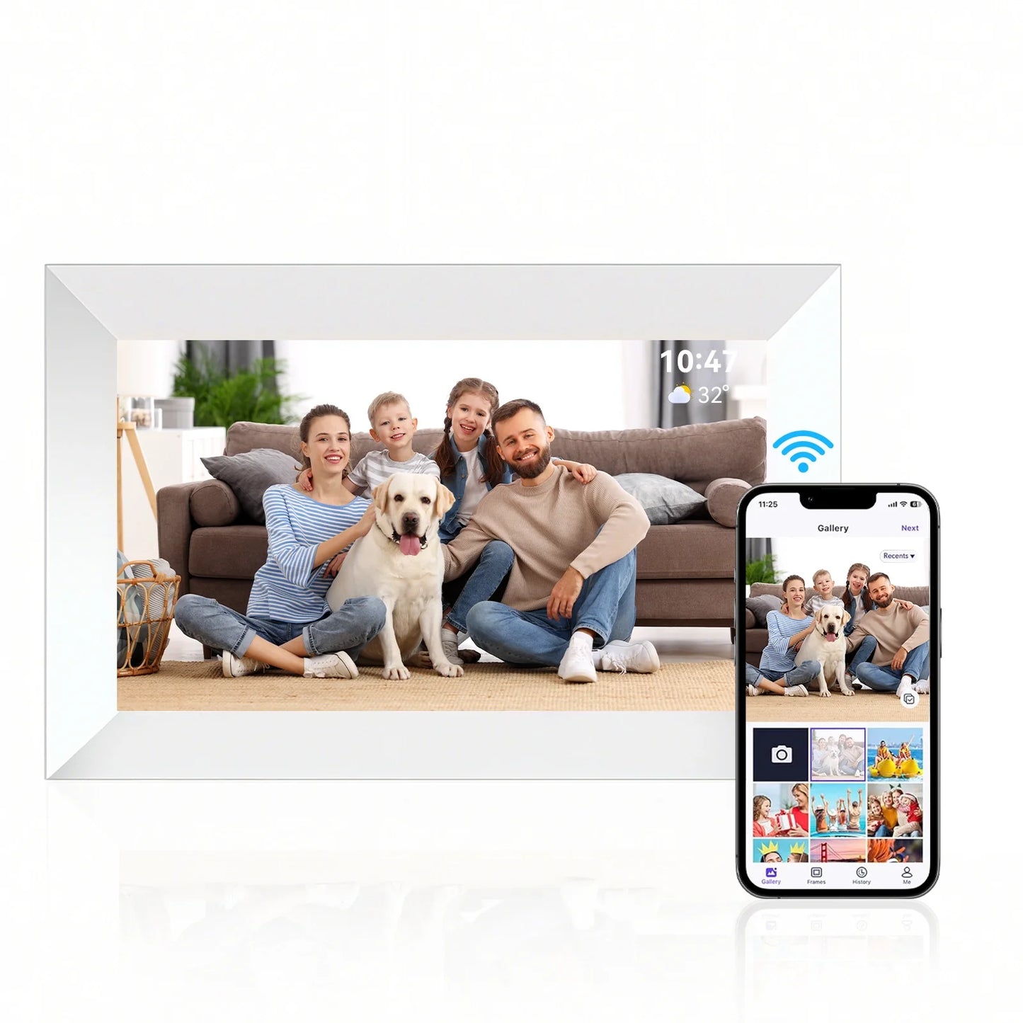 Klarity Digital Photo Frame displaying a family with a dog, connected to a smartphone app.