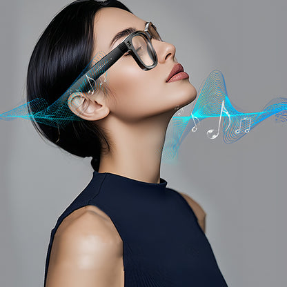 Woman wearing futuristic Bytech Smart Glasses with sound wave graphics on a gray background